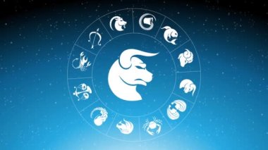 Beyaz Taurus Zodiac 'ın etrafında dönen Zodiac Yıldız İşaretlerinin Animasyonu Mavi Yıldızlı Gökyüzünün Üzerinde İşaret