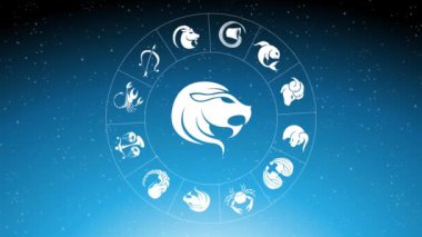 Beyaz Leo Zodiac etrafında dönen Zodiac Yıldız İşaretlerinin Animasyonu Mavi Yıldızlı Gökyüzü Üzerine İmza