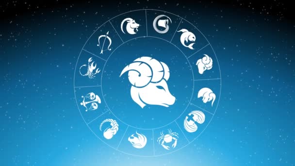 Animation Zodiac Star Signs Rotating White Aries Zodiac Sign Blue — Stock Video