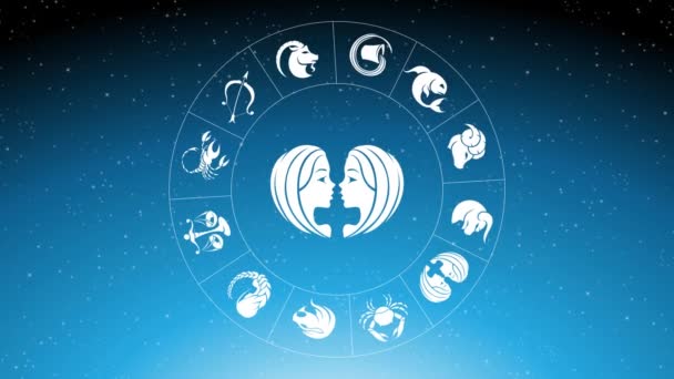 Animation Zodiac Star Signs Rotating White Gemini Zodiac Sign Blue — Stock videók