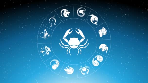 Beyaz Kanser Burcunda Dönen Zodiac Yıldız Şaretlerinin Animasyonu Mavi Yıldızlı — Stok video