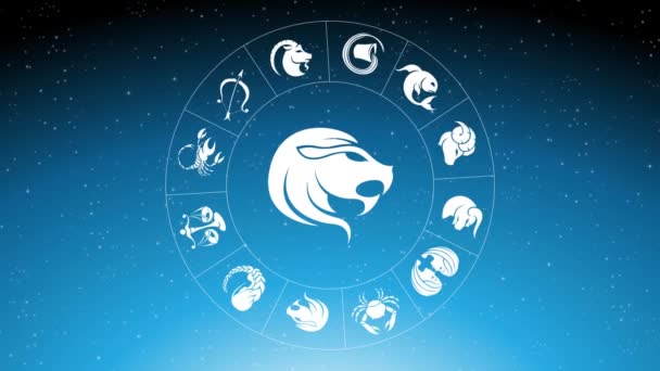 Beyaz Leo Zodiac Etrafında Dönen Zodiac Yıldız Şaretlerinin Animasyonu Mavi — Stok video