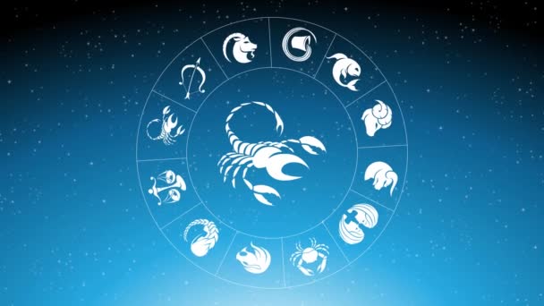 Animation Zodiac Star Signs Rotating White Scorpio Zodiac Sign Blue — Stock Video