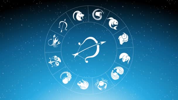 Animation Zodiac Star Signs Rotating White Sagittarius Zodiac Sign Blue — Stock Video