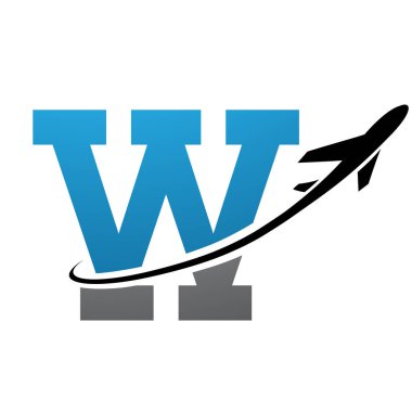 Mavi ve Siyah Antik Mektup W Simgesi Beyaz Arkaplan 'da bir uçakla