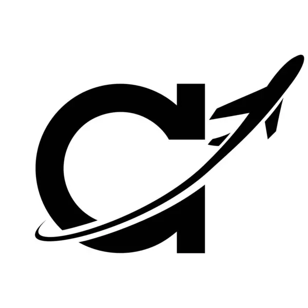 Black Antique Letter C Icon with an Airplane on a White Background