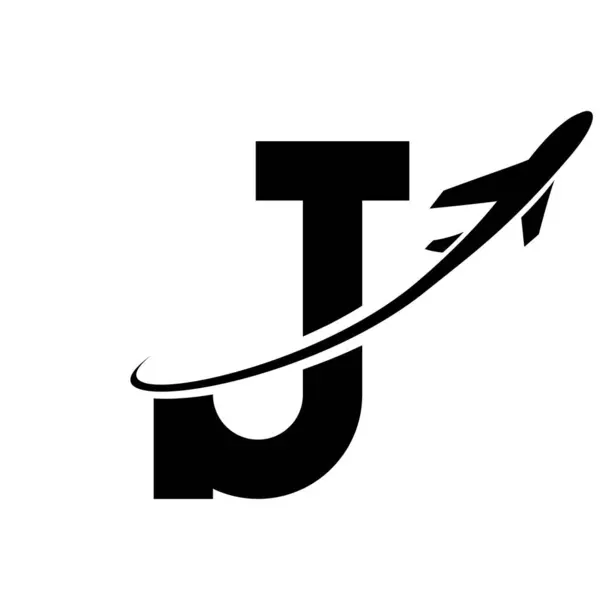 Black Antique Letter J Icon with an Airplane on a White Background