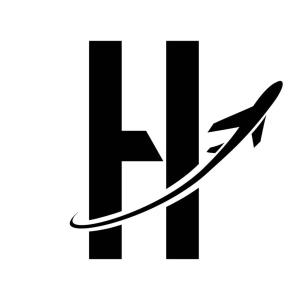 Black Futuristic Letter H Icon with an Airplane on a White Background