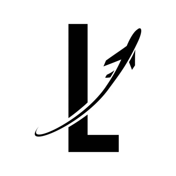 Black Futuristic Letter L Icon with an Airplane on a White Background