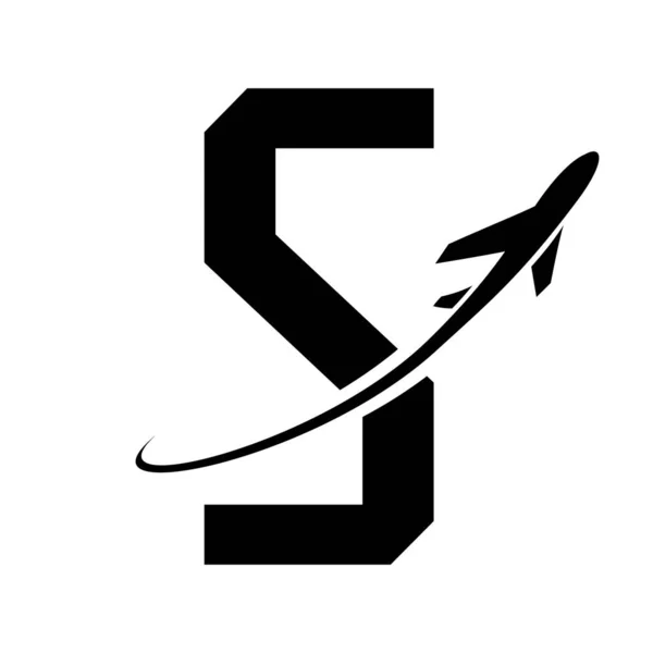 Black Futuristic Letter S Icon with an Airplane on a White Background