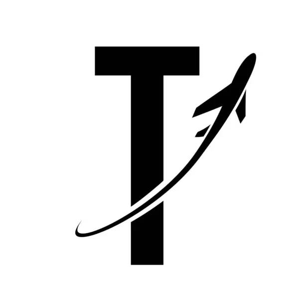 Black Futuristic Letter T Icon with an Airplane on a White Background