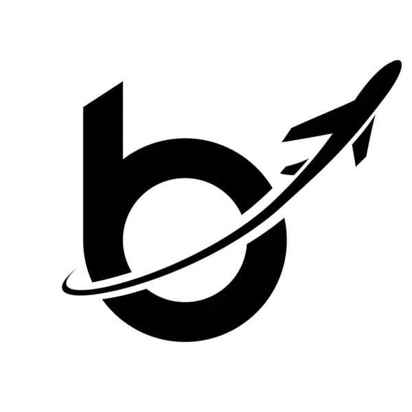 Black Lowercase Letter B Icon with an Airplane on a White Background