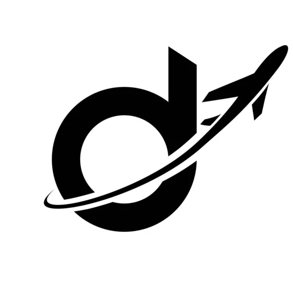 Black Lowercase Letter D Icon with an Airplane on a White Background
