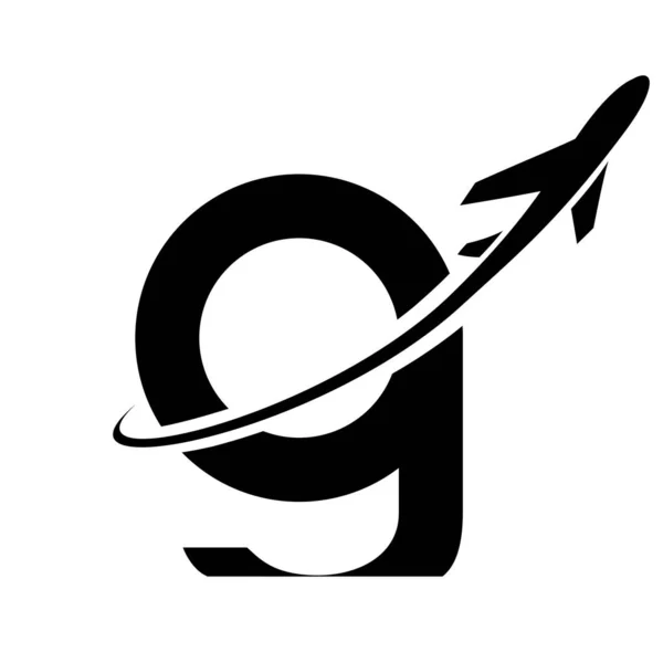 Black Lowercase Letter G Icon with an Airplane on a White Background