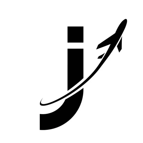 Black Lowercase Letter J Icon with an Airplane on a White Background