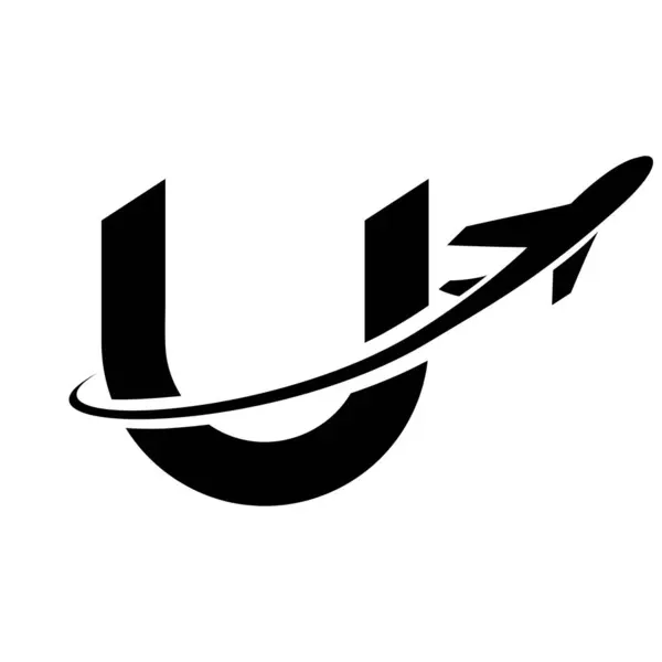 Black Lowercase Letter U Icon with an Airplane on a White Background