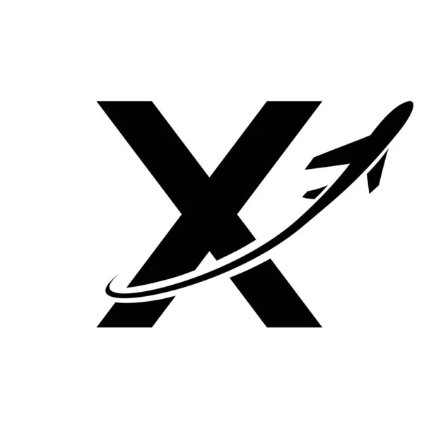 Black Lowercase Letter X Icon with an Airplane on a White Background