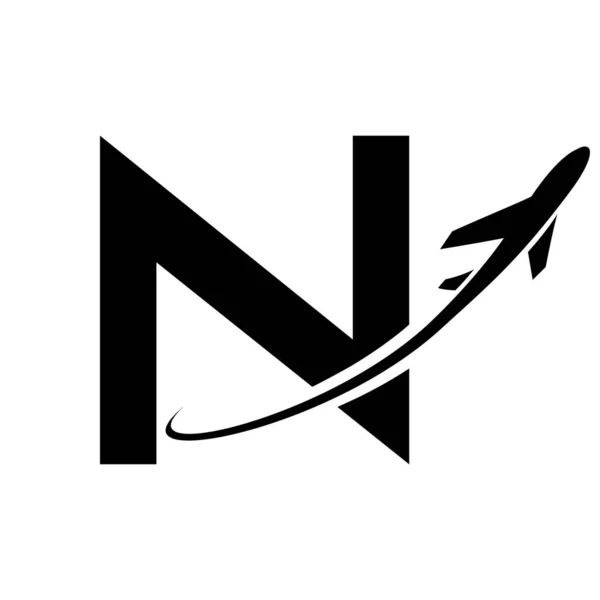Black Uppercase Letter N Icon with an Airplane on a White Background