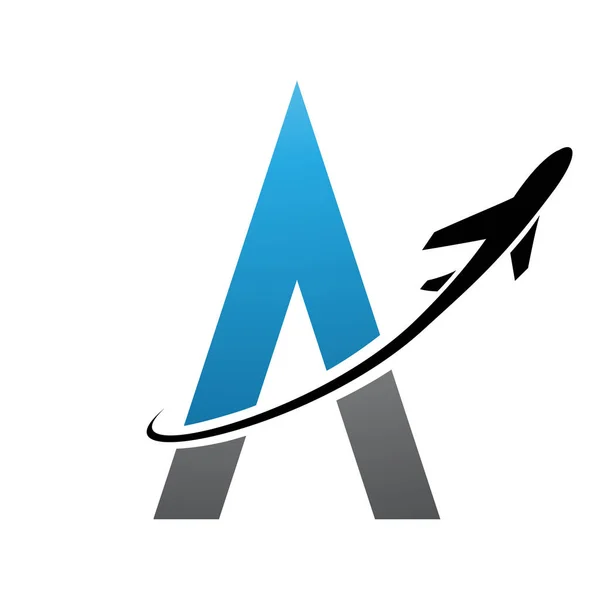Blue and Black Futuristic Letter A Icon with an Airplane on a White Background