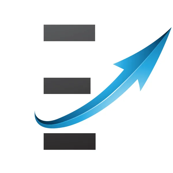 Blue and Black Futuristic Letter E Icon with a Glossy Arrow on a White Background