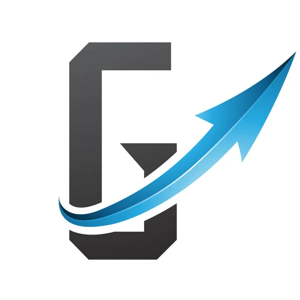 Blue and Black Futuristic Letter G Icon with a Glossy Arrow on a White Background