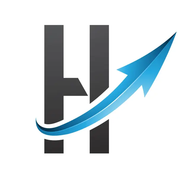 Blue and Black Futuristic Letter H Icon with a Glossy Arrow on a White Background