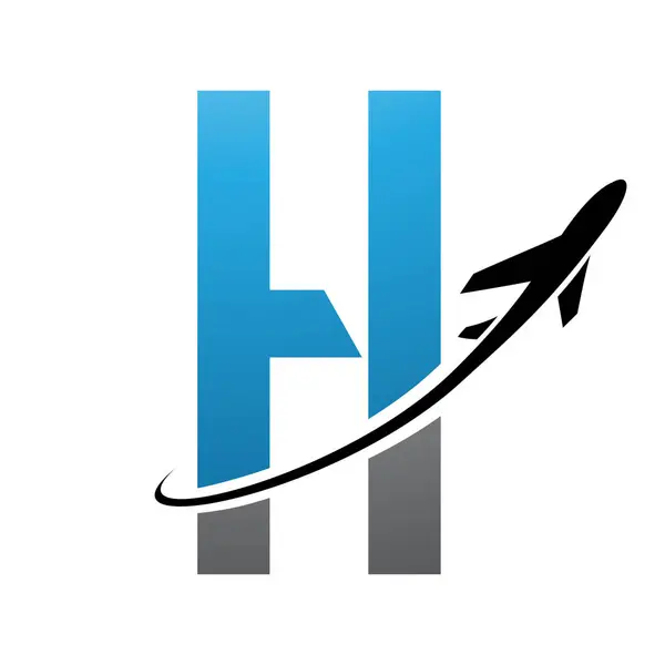 Blue and Black Futuristic Letter H Icon with an Airplane on a White Background