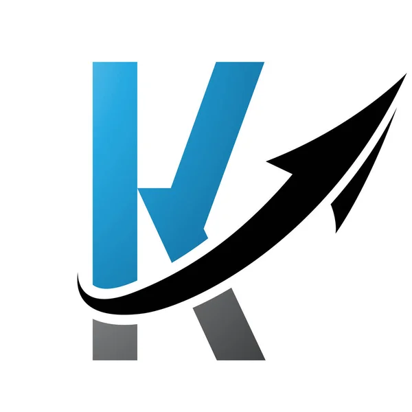 Blue and Black Futuristic Letter K Icon with an Arrow on a White Background