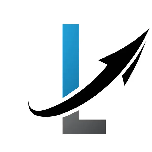 Blue and Black Futuristic Letter L Icon with an Arrow on a White Background