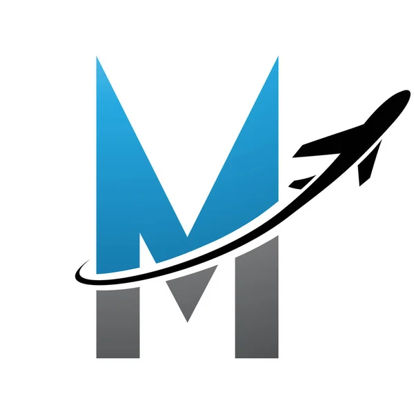 Blue and Black Futuristic Letter M Icon with an Airplane on a White Background