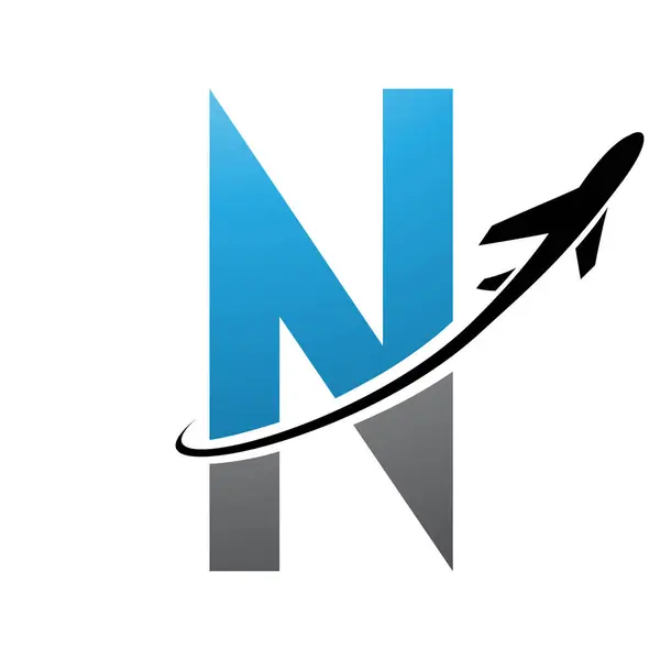 Blue and Black Futuristic Letter N Icon with an Airplane on a White Background