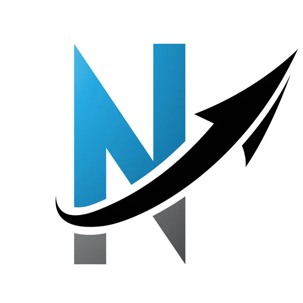 Blue and Black Futuristic Letter N Icon with an Arrow on a White Background