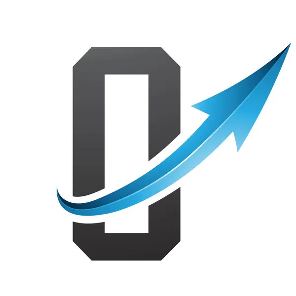 Blue and Black Futuristic Letter O Icon with a Glossy Arrow on a White Background