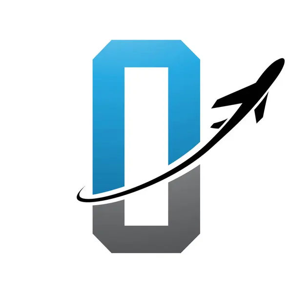 Blue and Black Futuristic Letter O Icon with an Airplane on a White Background