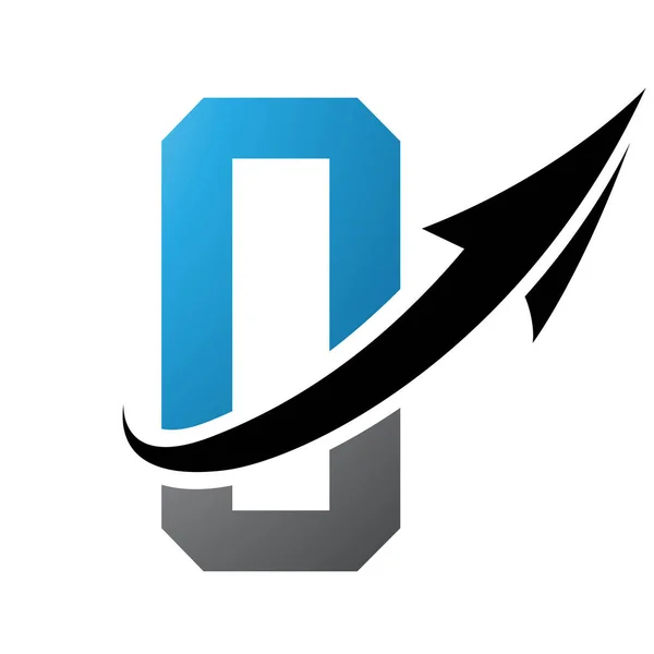Blue and Black Futuristic Letter O Icon with an Arrow on a White Background