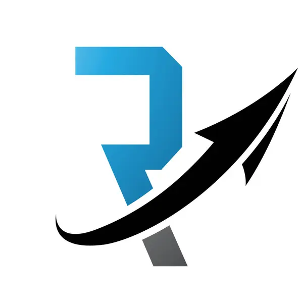 Blue and Black Futuristic Letter R Icon with an Arrow on a White Background