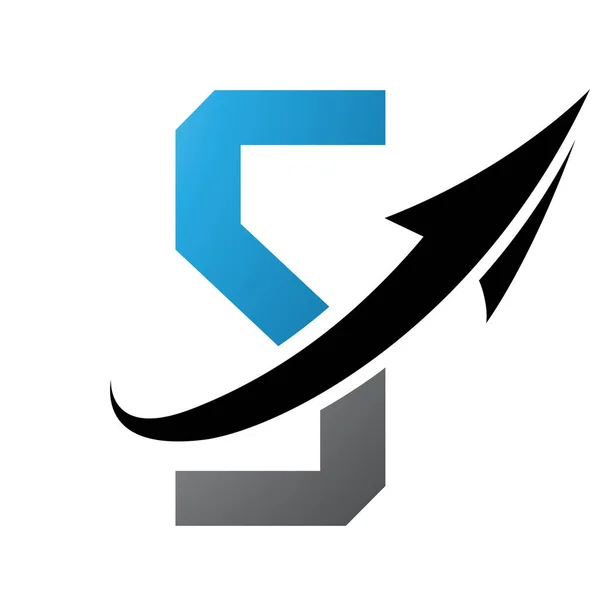 Blue and Black Futuristic Letter S Icon with an Arrow on a White Background