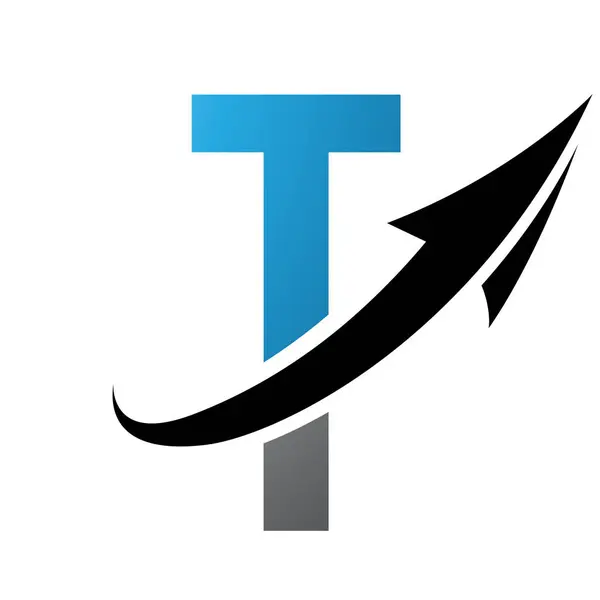 Blue and Black Futuristic Letter T Icon with an Arrow on a White Background