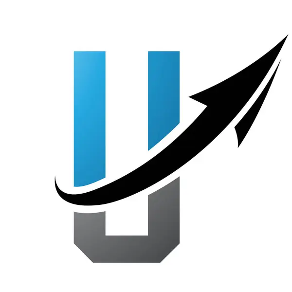 Blue and Black Futuristic Letter U Icon with an Arrow on a White Background