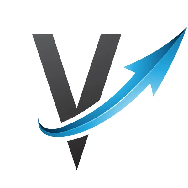 Blue and Black Futuristic Letter V Icon with a Glossy Arrow on a White Background