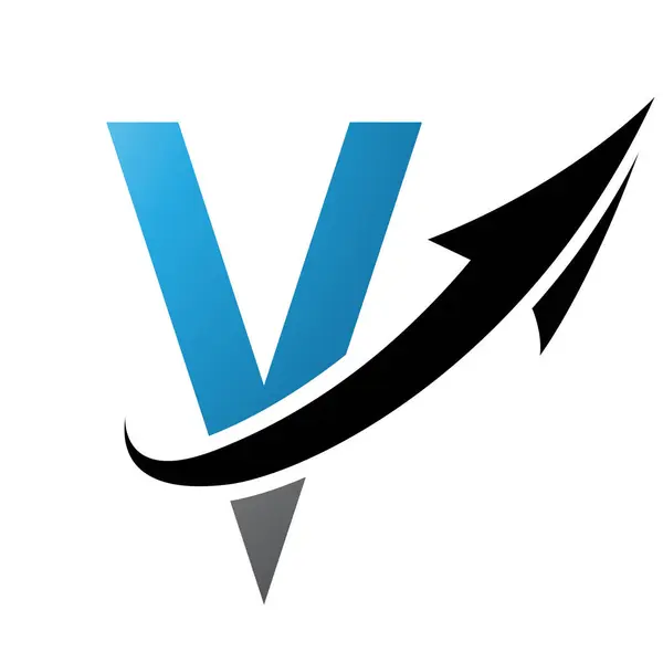 Blue and Black Futuristic Letter V Icon with an Arrow on a White Background