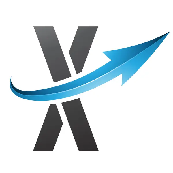 Blue and Black Futuristic Letter X Icon with a Glossy Arrow on a White Background