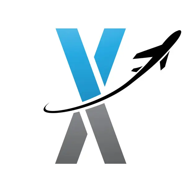 Blue and Black Futuristic Letter X Icon with an Airplane on a White Background