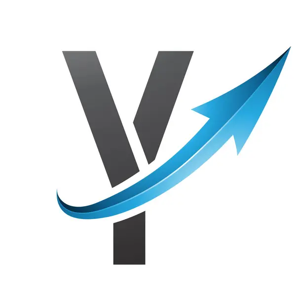 Blue and Black Futuristic Letter Y Icon with a Glossy Arrow on a White Background