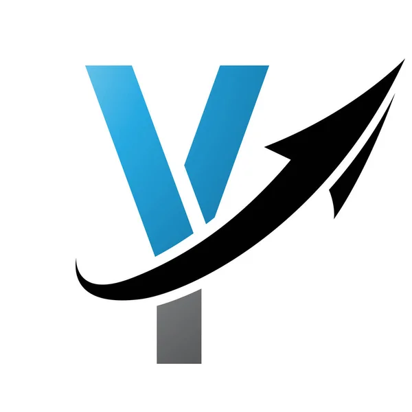Blue and Black Futuristic Letter Y Icon with an Arrow on a White Background