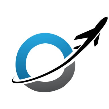 Mavi ve Siyah Büyük Harf O Simgesi Beyaz Arkaplan 'da bir uçakla