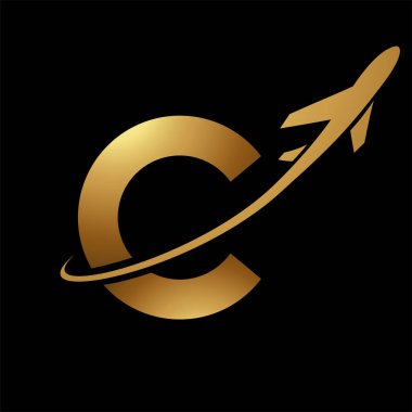 Parlak Altın Harf C Simgesi Siyah Arkaplan 'da bir uçakla