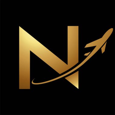 Parlak Altın Büyük Harf N Simgesi Siyah Arkaplan 'da bir uçakla