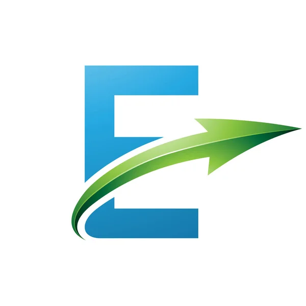 Blue and Green Uppercase Letter E Icon with a Glossy Arrow on a White Background