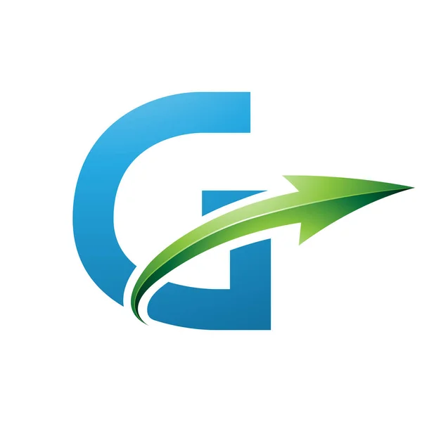 Blue and Green Uppercase Letter G Icon with a Glossy Arrow on a White Background